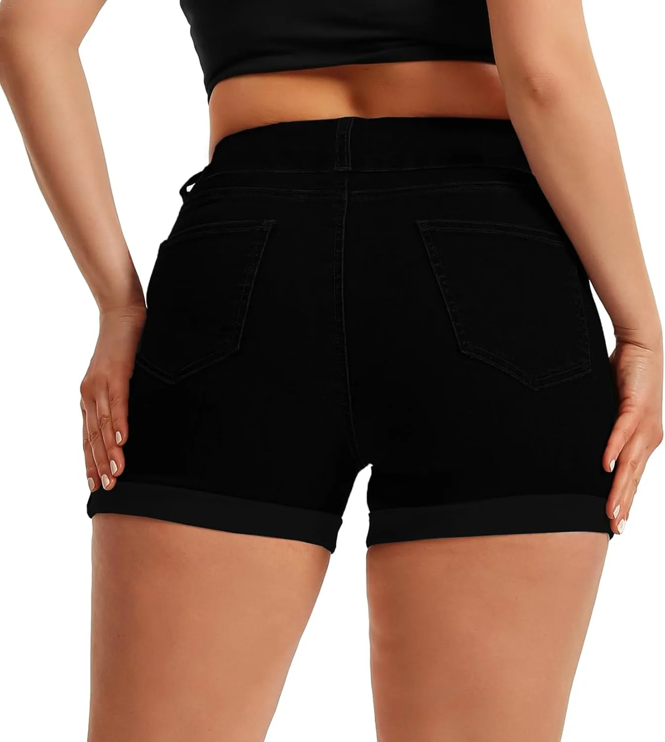 Pnadty Women's Summer High Waisted Stretch Denim Shorts Casual Folded Hem Jean Shorts