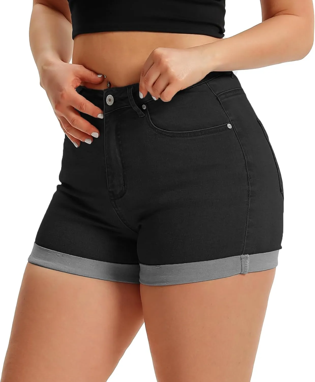 Pnadty Women's Summer High Waisted Stretch Denim Shorts Casual Folded Hem Jean Shorts