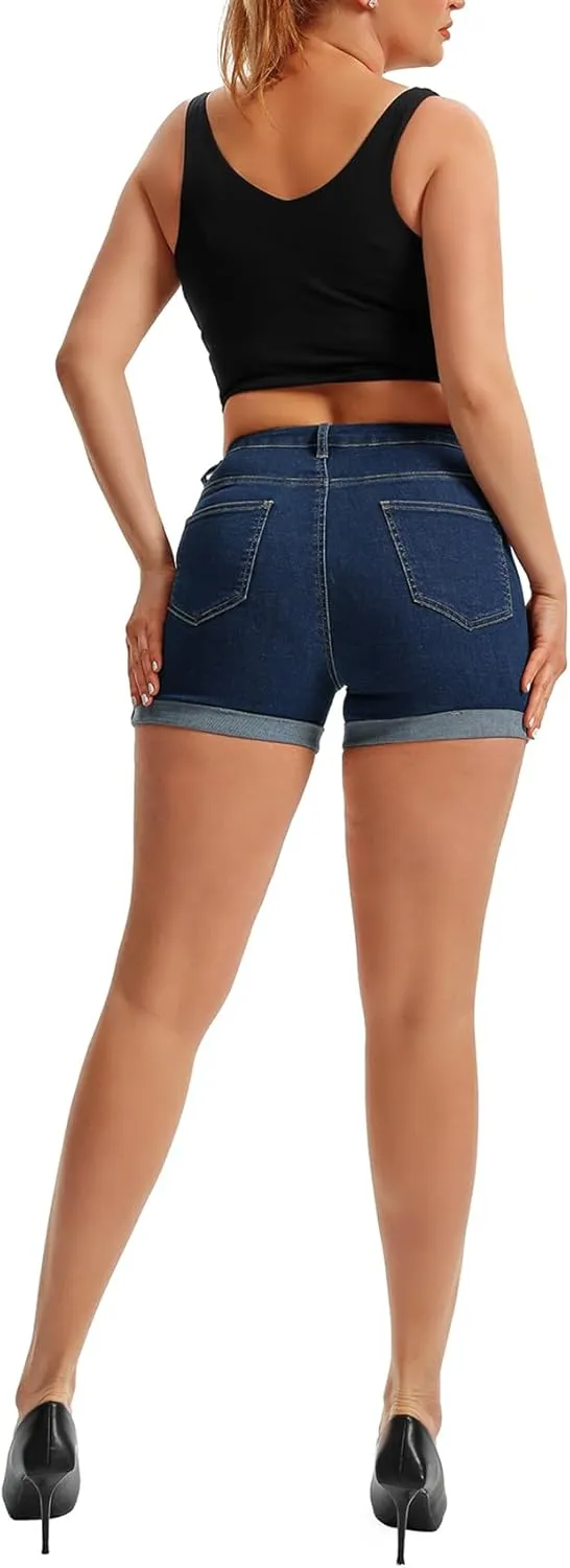 Pnadty Women's Summer High Waisted Stretch Denim Shorts Casual Folded Hem Jean Shorts