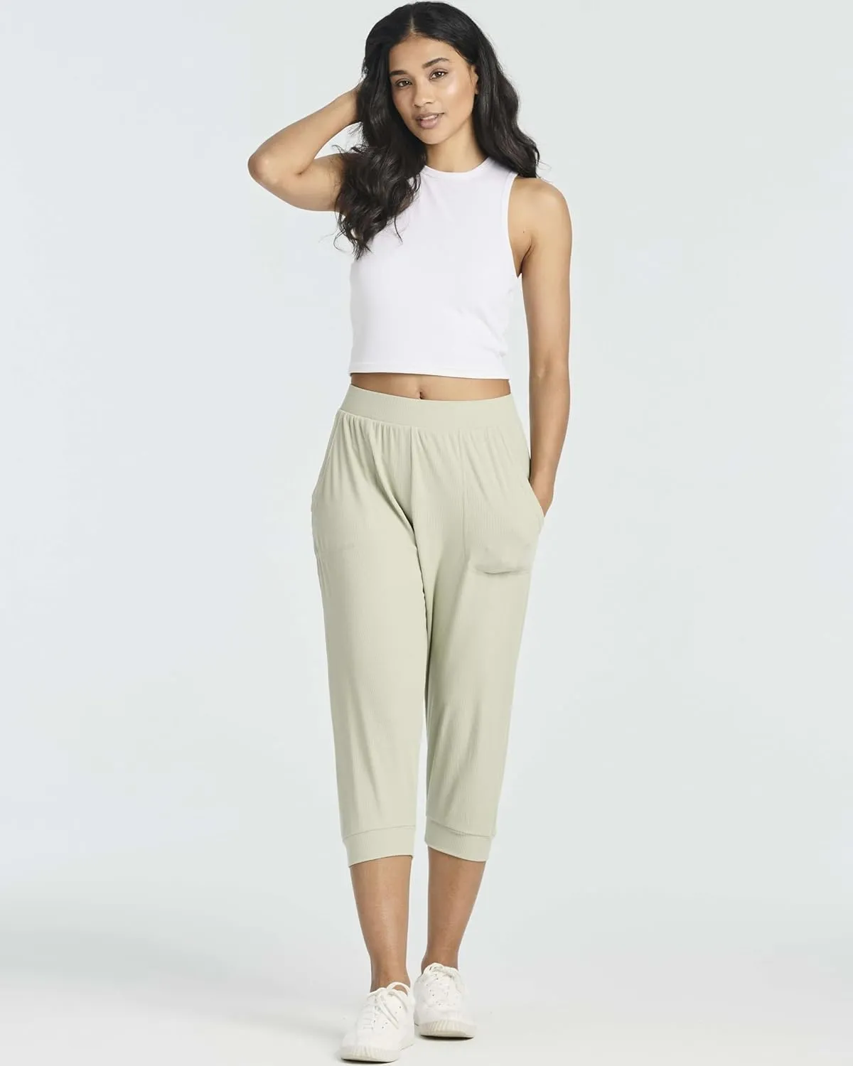 Real Essentials 3 Pack: Women's Ribbed Capri Jogger Lounge Sweatpants with Pockets Yoga Workout (Available in Plus Size)