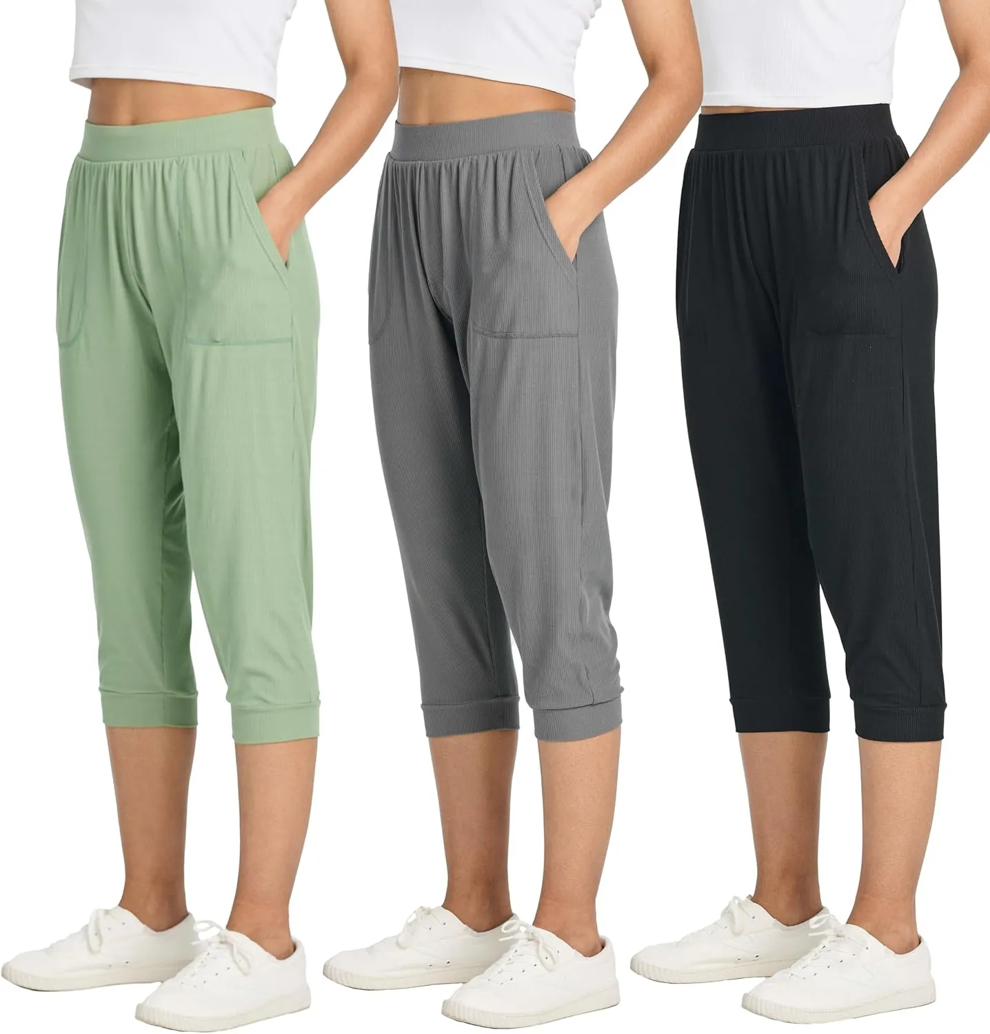 Real Essentials 3 Pack: Women's Ribbed Capri Jogger Lounge Sweatpants with Pockets Yoga Workout (Available in Plus Size)