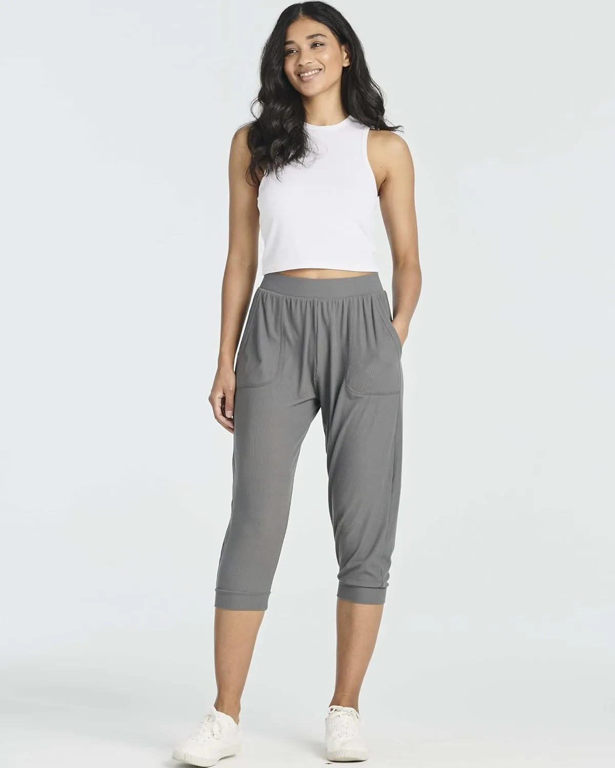 Real Essentials 3 Pack: Women's Ribbed Capri Jogger Lounge Sweatpants with Pockets Yoga Workout (Available in Plus Size)