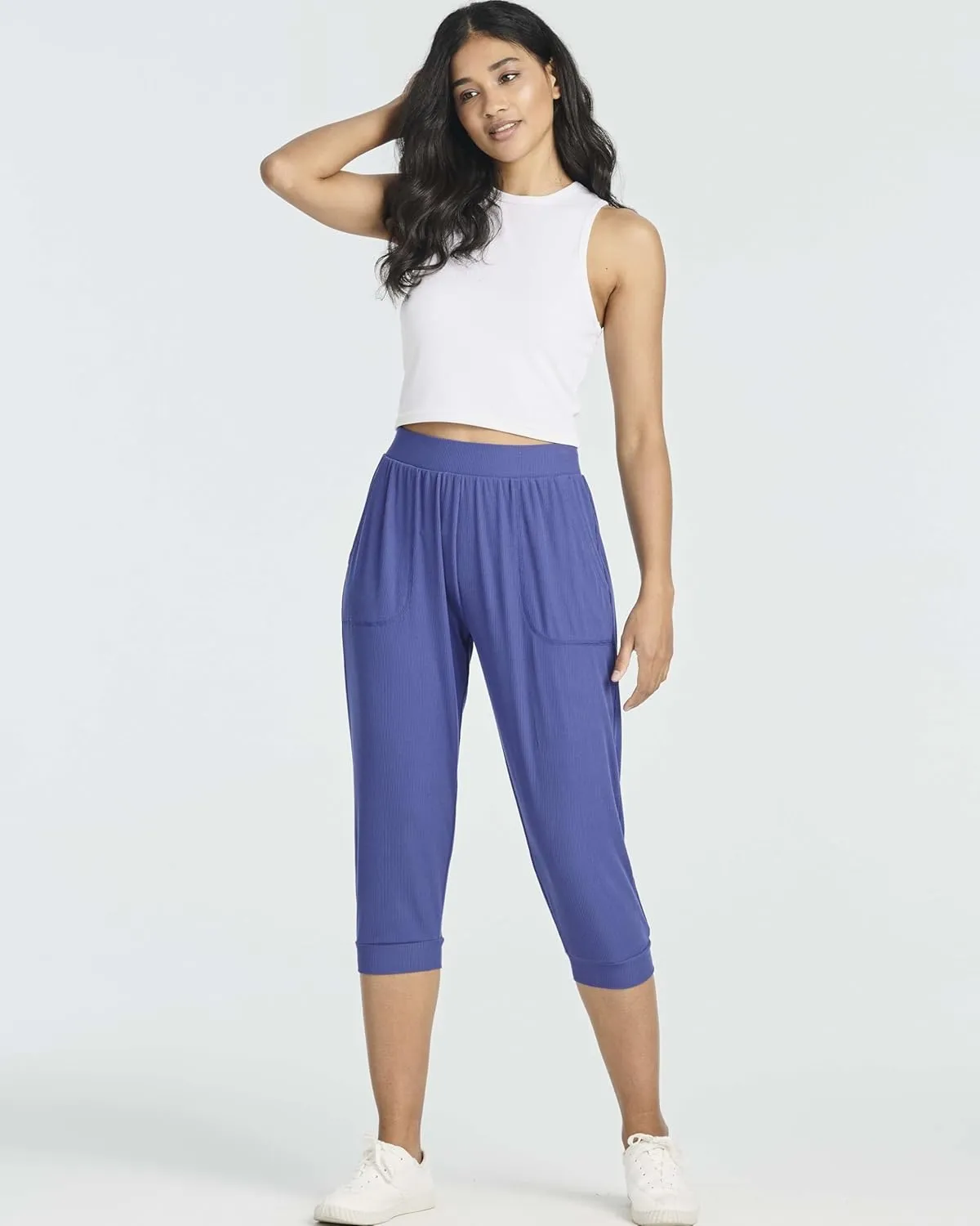 Real Essentials 3 Pack: Women's Ribbed Capri Jogger Lounge Sweatpants with Pockets Yoga Workout (Available in Plus Size)