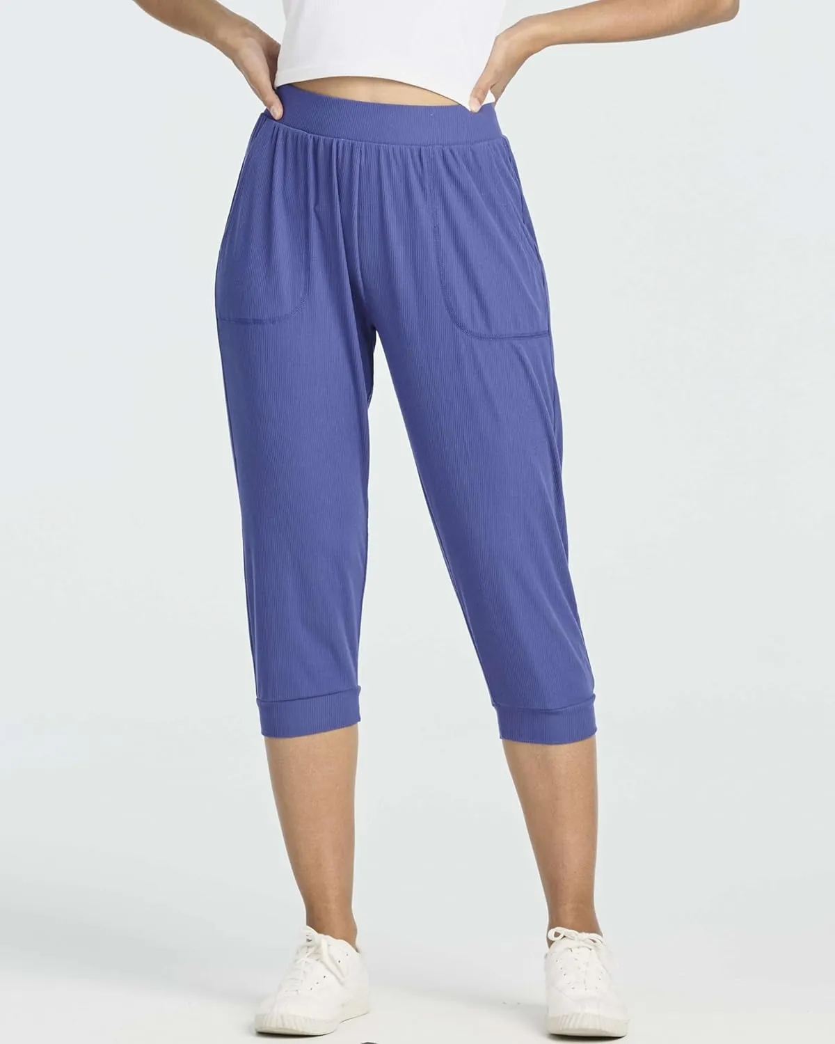 Real Essentials 3 Pack: Women's Ribbed Capri Jogger Lounge Sweatpants with Pockets Yoga Workout (Available in Plus Size)