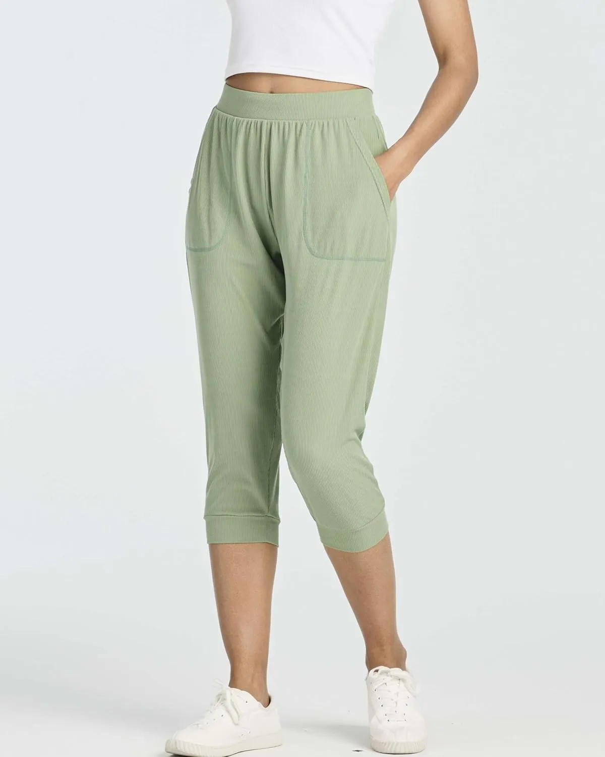 Real Essentials 3 Pack: Women's Ribbed Capri Jogger Lounge Sweatpants with Pockets Yoga Workout (Available in Plus Size)