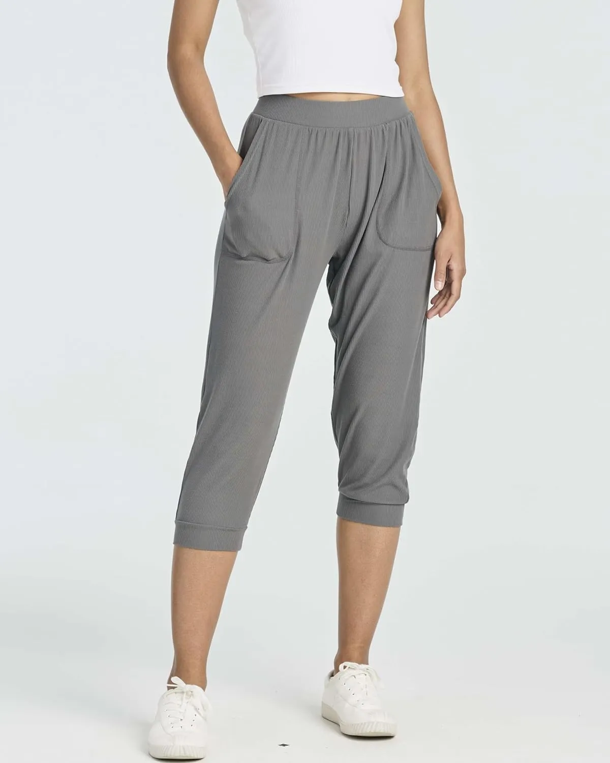 Real Essentials 3 Pack: Women's Ribbed Capri Jogger Lounge Sweatpants with Pockets Yoga Workout (Available in Plus Size)