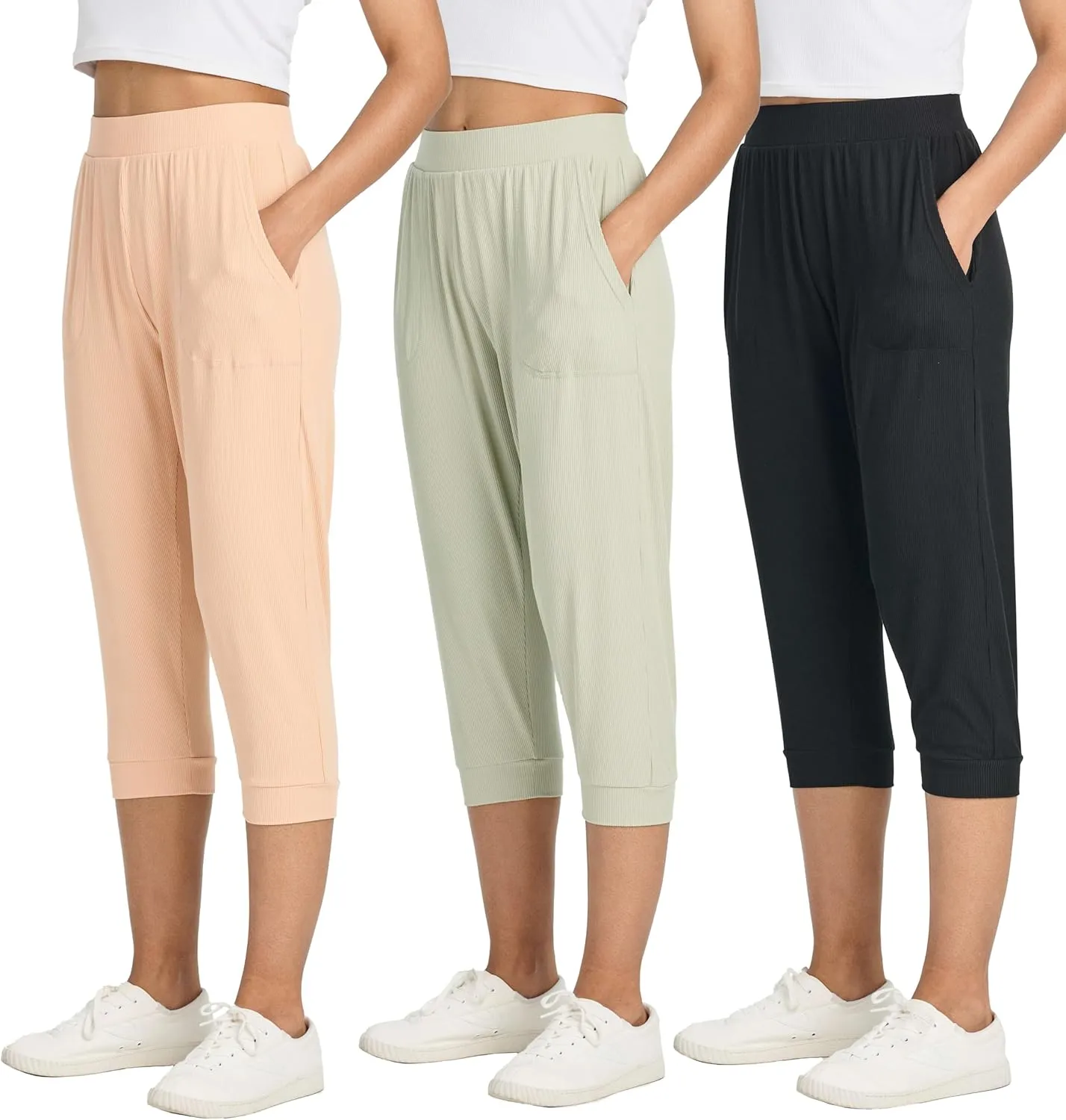 Real Essentials 3 Pack: Women's Ribbed Capri Jogger Lounge Sweatpants with Pockets Yoga Workout (Available in Plus Size)