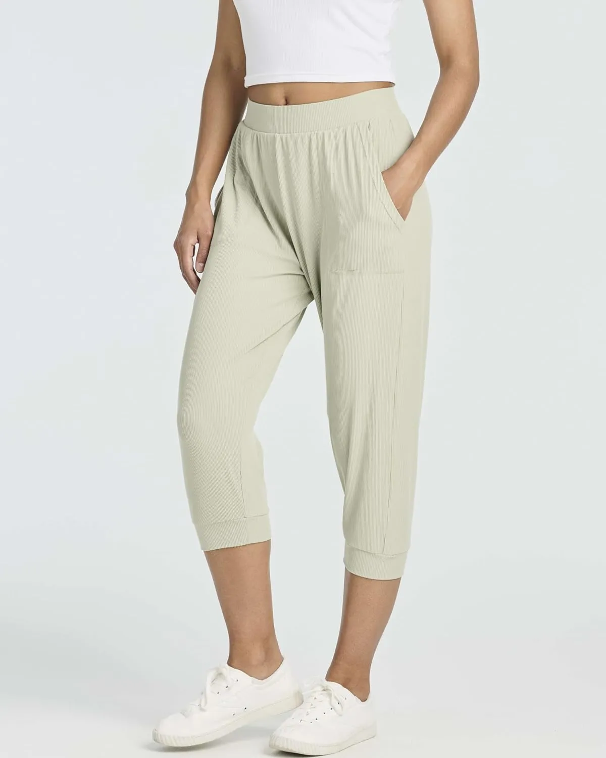 Real Essentials 3 Pack: Women's Ribbed Capri Jogger Lounge Sweatpants with Pockets Yoga Workout (Available in Plus Size)