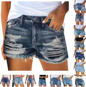 Ripped Jeans Shorts Womens High Waisted Distressed Stretchy Denim Shorts Frayed Raw Hem Summer Trendy Comfy Shorts