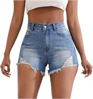 Ripped Jeans Shorts Womens High Waisted Distressed Stretchy Denim Shorts Frayed Raw Hem Summer Trendy Comfy Shorts