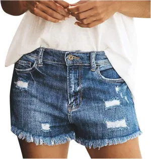 Ripped Jeans Shorts Womens High Waisted Distressed Stretchy Denim Shorts Frayed Raw Hem Summer Trendy Comfy Shorts