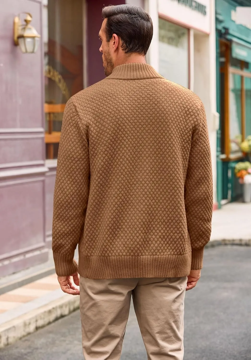 Runcati Mens Zip Up Cardigan Sweater Casual Stand Collar Textured Knit Ribbed Chunky Sweaters