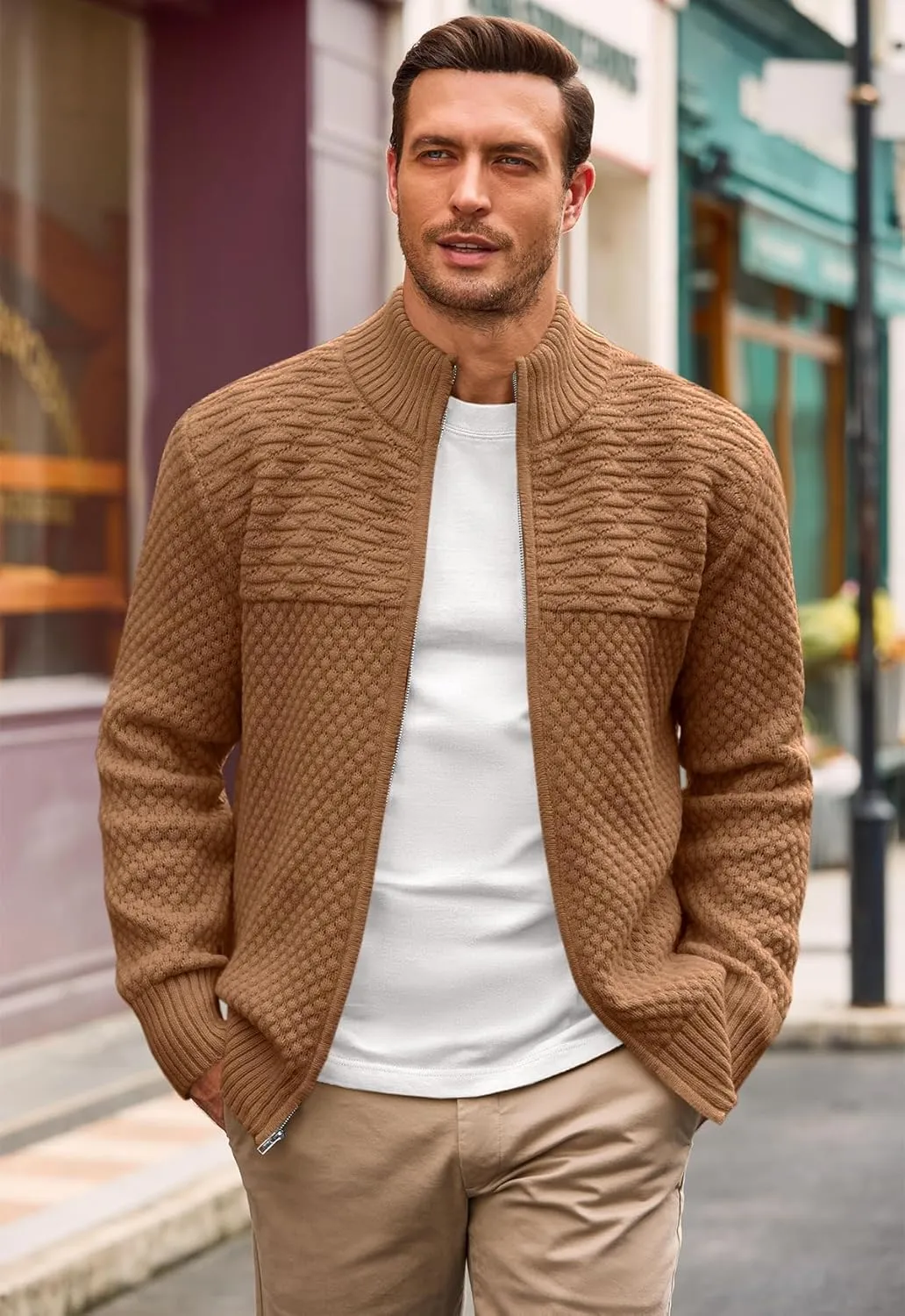Runcati Mens Zip Up Cardigan Sweater Casual Stand Collar Textured Knit Ribbed Chunky Sweaters