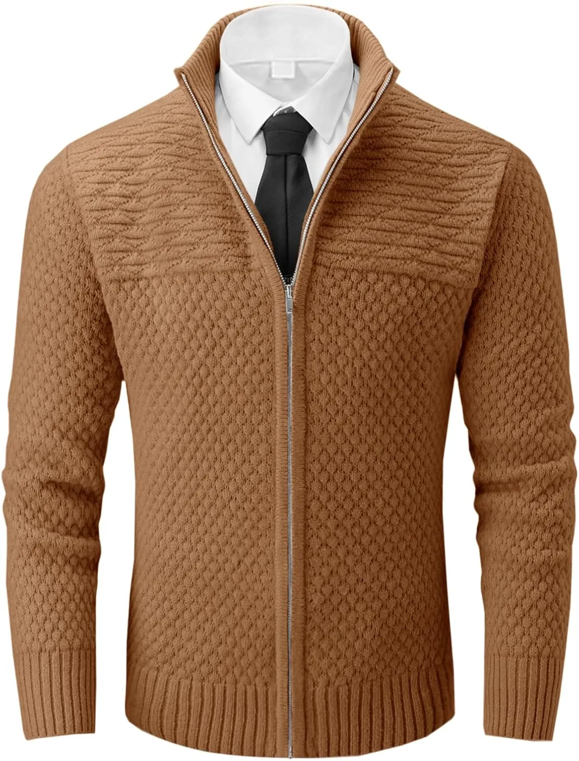 Runcati Mens Zip Up Cardigan Sweater Casual Stand Collar Textured Knit Ribbed Chunky Sweaters