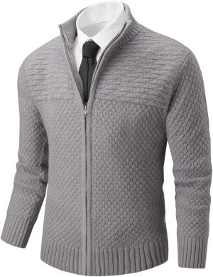 Runcati Mens Zip Up Cardigan Sweater Casual Stand Collar Textured Knit Ribbed Chunky Sweaters