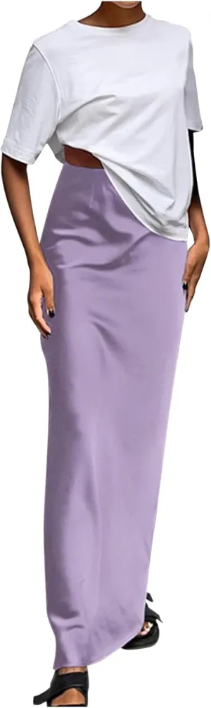 Satin Maxi Skirt for Women High Waist Silky Elegant Zipper Ankle Length Slim Solid Color Bodycon Fishtail Skirts