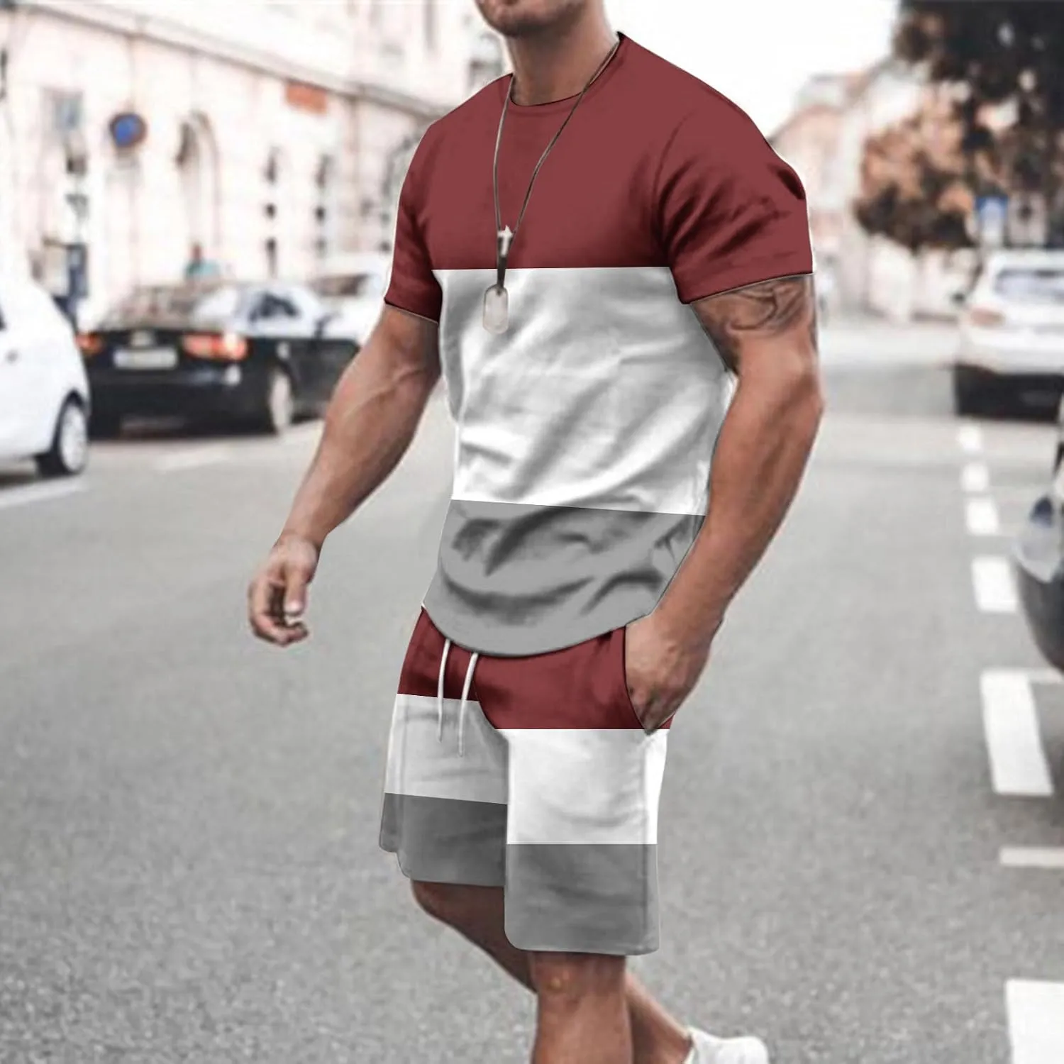 Sinzelimin Men's Workout Set Fashion Color Block Short Sleeves Crewneck T-Shirts and Athletic Shorts Two Piece Tracksuit Suit