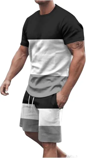 Sinzelimin Men's Workout Set Fashion Color Block Short Sleeves Crewneck T-Shirts and Athletic Shorts Two Piece Tracksuit Suit