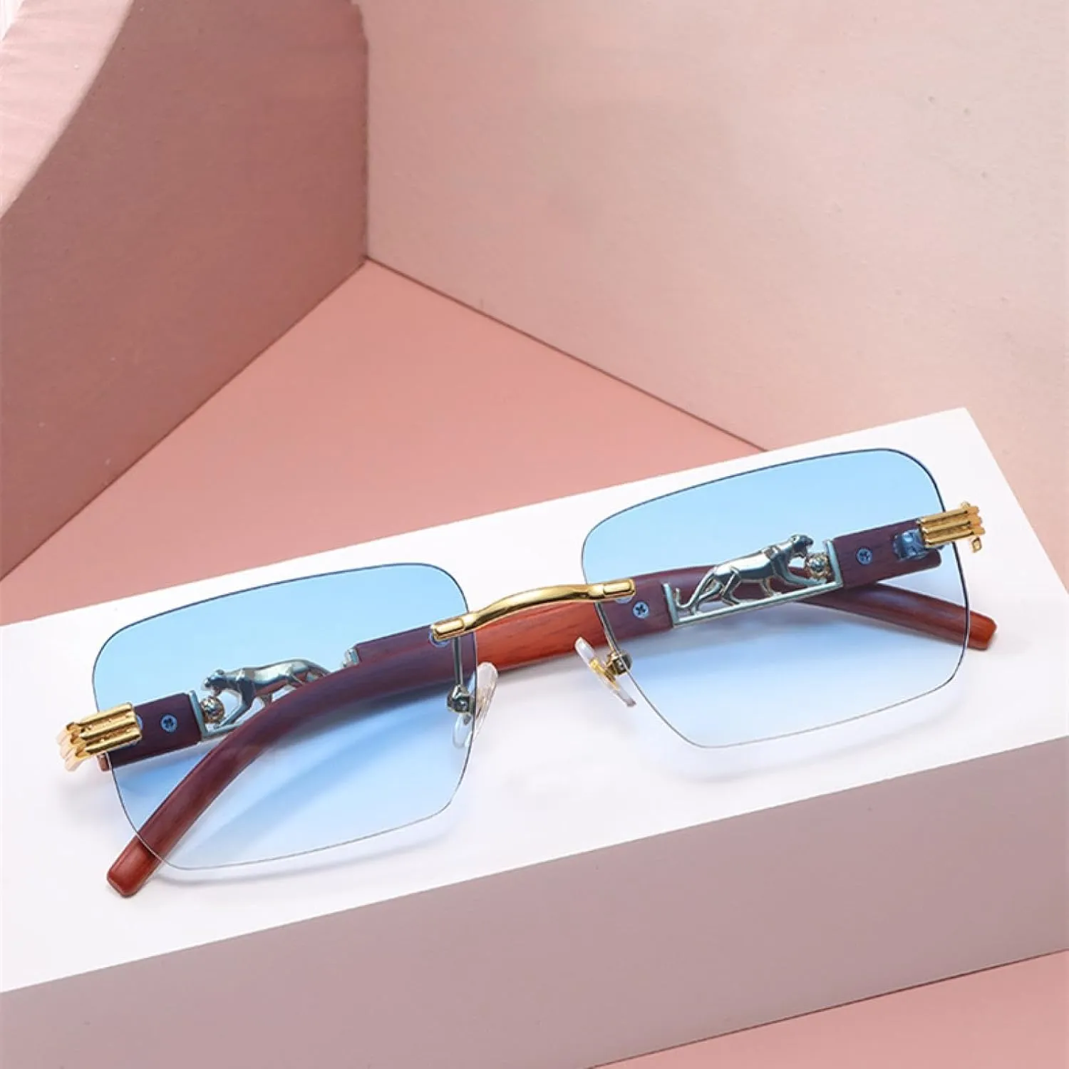 Small Rectangle Rimless Sunglasses Men Luxury Frameless Leopard Sun Glasses for Women Vintage Eyewear Shades