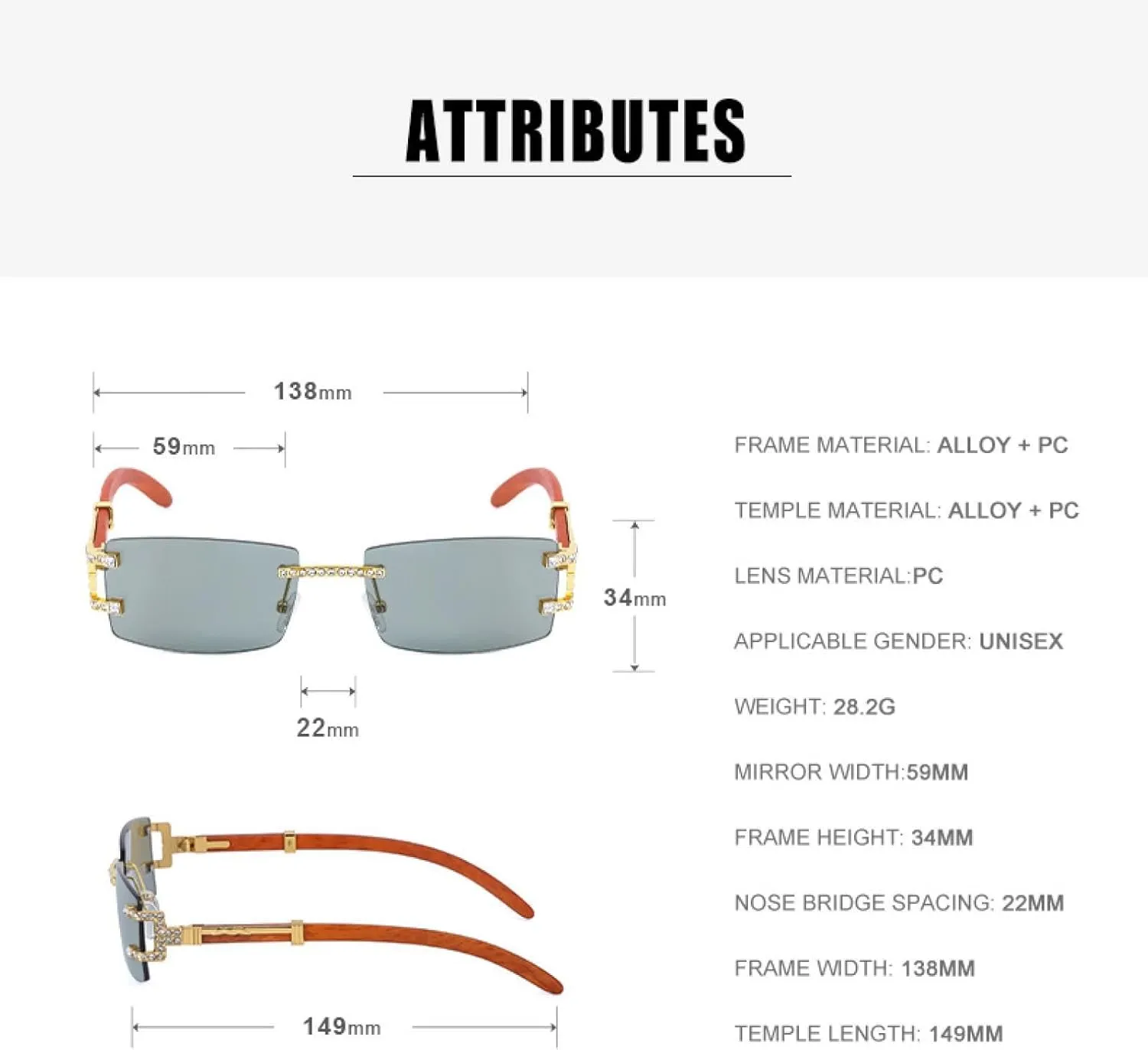 Small Rectangle Rimless Sunglasses Men Luxury Retro Glasses for Women Vintage Framless Eyeglasses Uv400