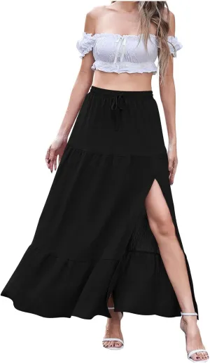 Spring Maxi Skirts for Women Trendy High Waisted Side Slit Pleated Skirt Casual Stretch Flowy Swing A Line Long Skirt