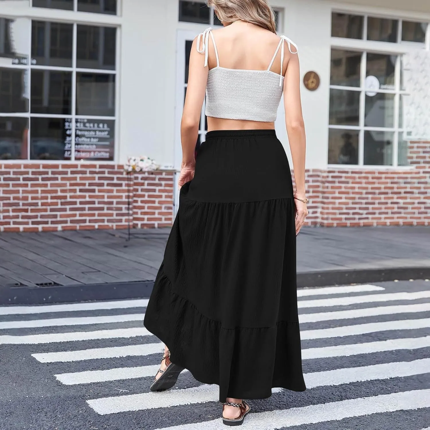 Spring Maxi Skirts for Women Trendy High Waisted Side Slit Pleated Skirt Casual Stretch Flowy Swing A Line Long Skirt