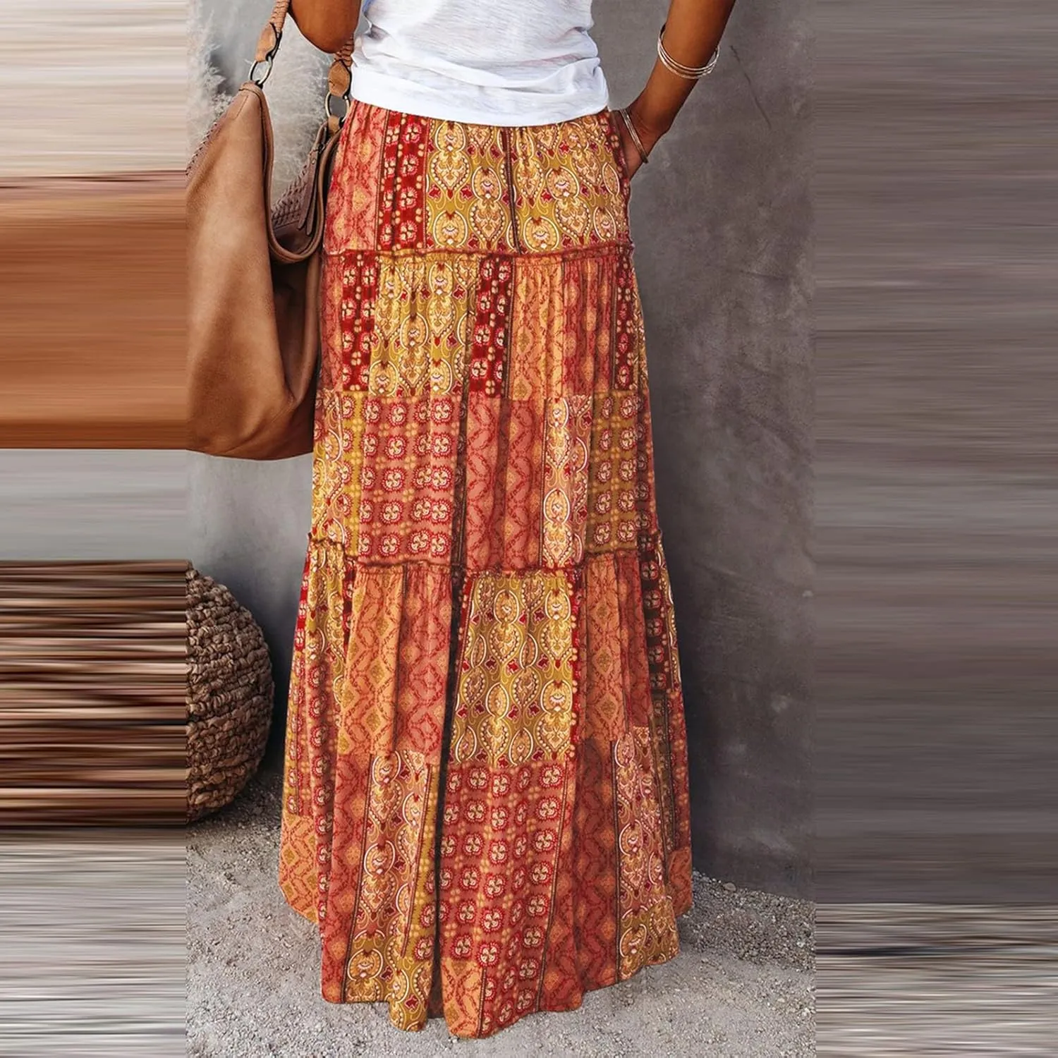 Summer Boho Floral Mixi Skirts for Women Girls A-Line Long Pleated Waist Flowy Swing Tiered Long Skirt with Pockets