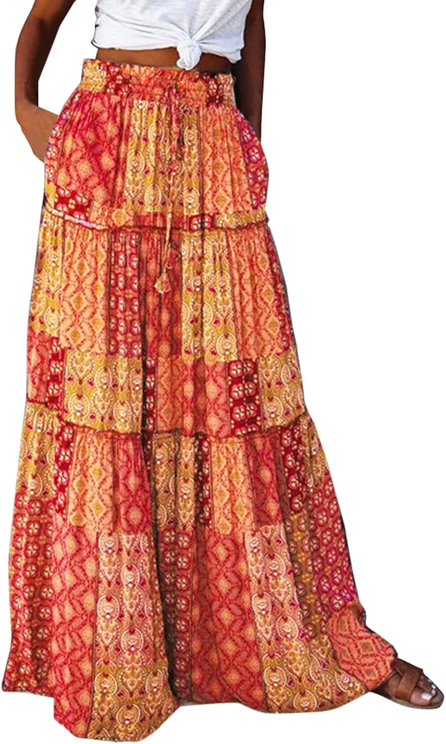 Summer Boho Floral Mixi Skirts for Women Girls A-Line Long Pleated Waist Flowy Swing Tiered Long Skirt with Pockets