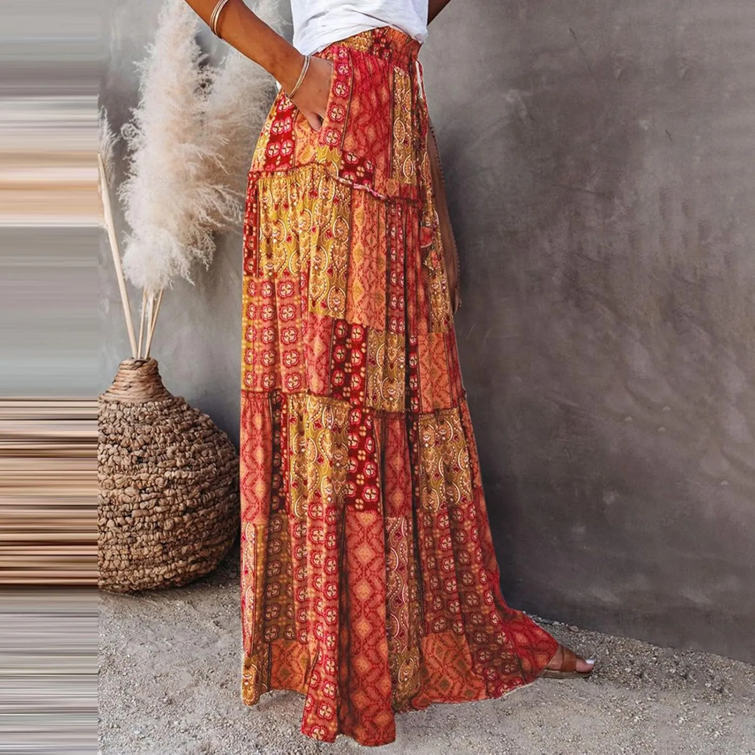 Summer Boho Floral Mixi Skirts for Women Girls A-Line Long Pleated Waist Flowy Swing Tiered Long Skirt with Pockets