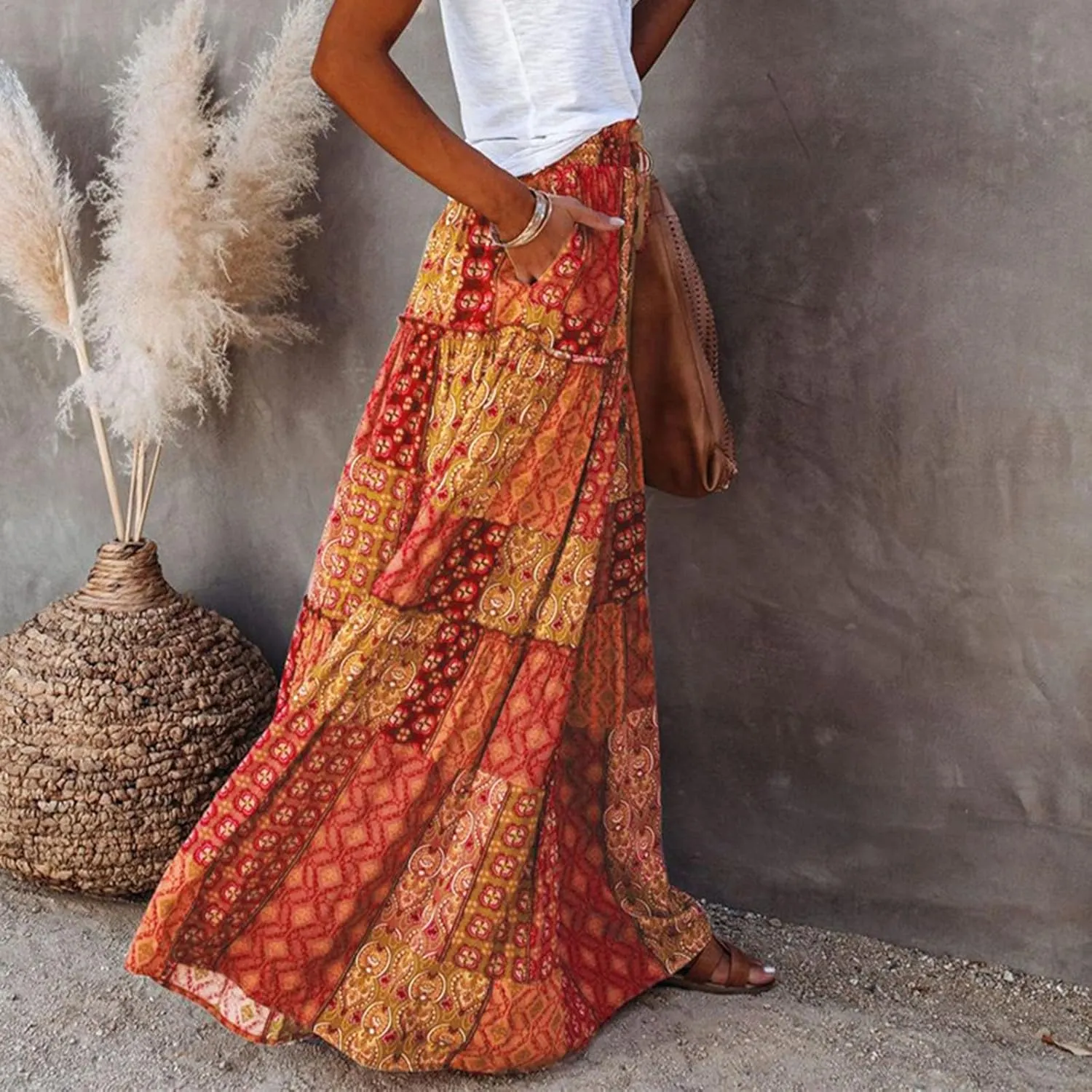 Summer Boho Floral Mixi Skirts for Women Girls A-Line Long Pleated Waist Flowy Swing Tiered Long Skirt with Pockets