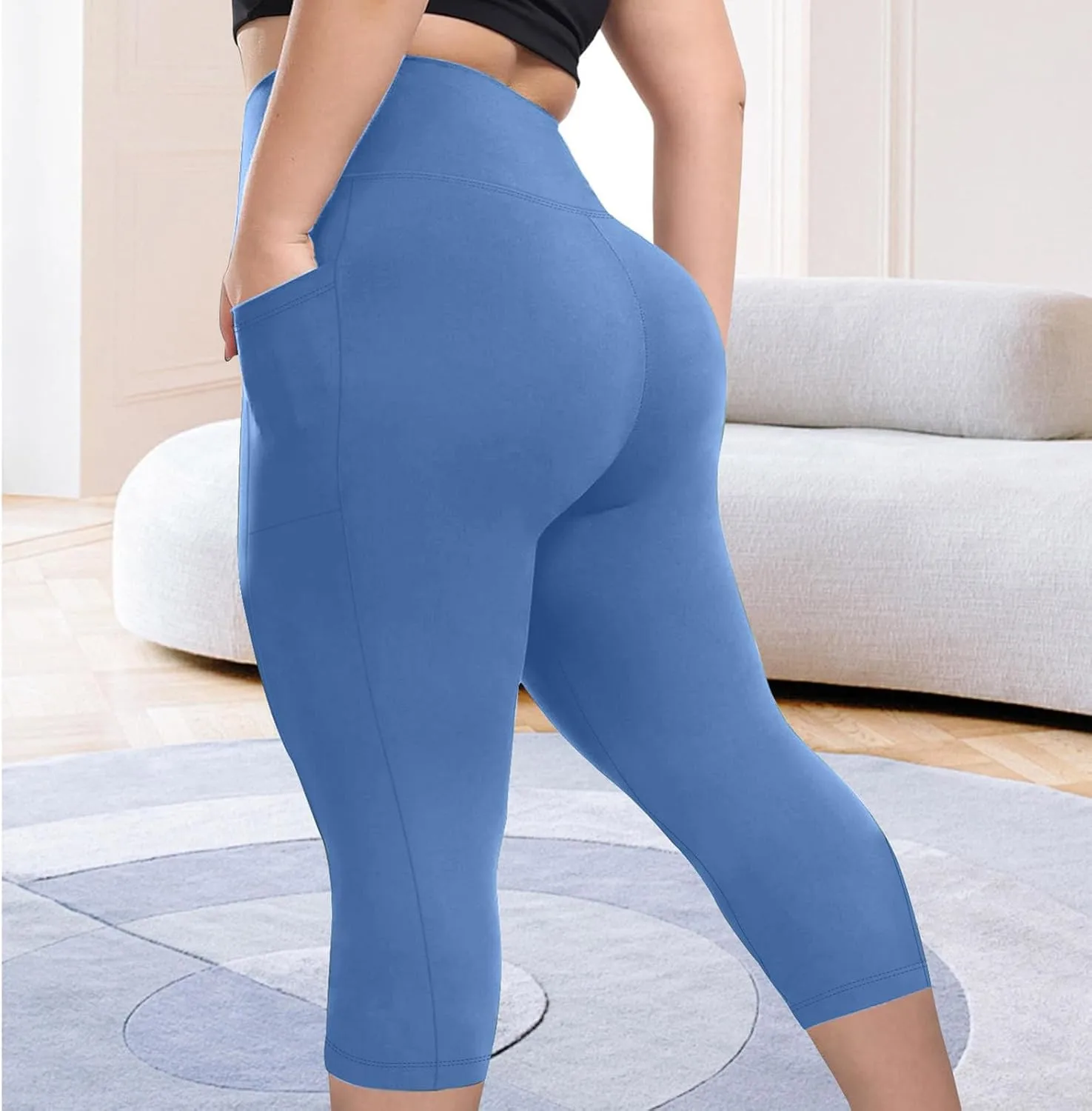 TANGNADE Women Yoga Capri Pants Plus Size Leggings Stretchy High Waist Workout Trouser Workout Pants with Pockets