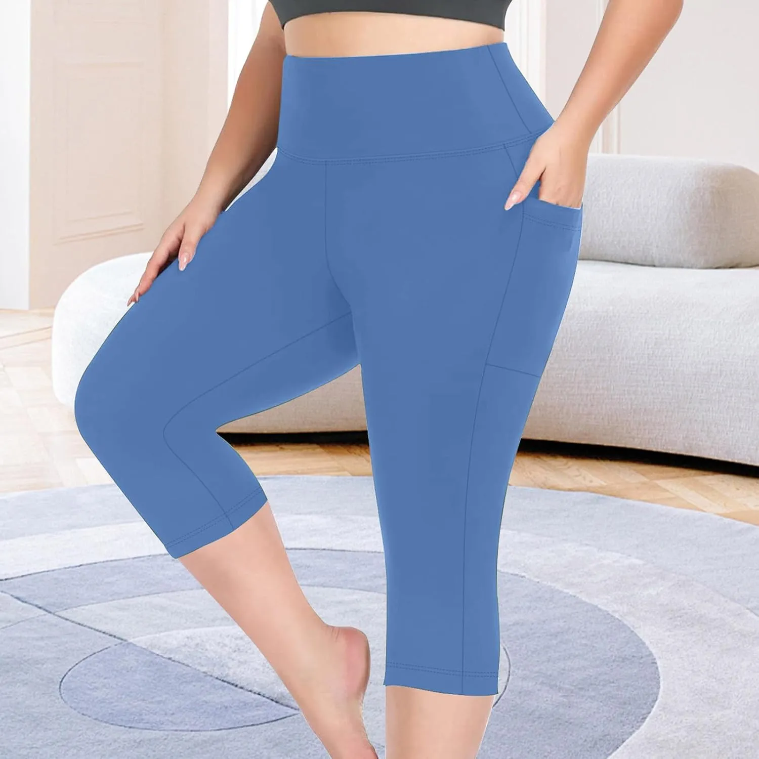 TANGNADE Women Yoga Capri Pants Plus Size Leggings Stretchy High Waist Workout Trouser Workout Pants with Pockets