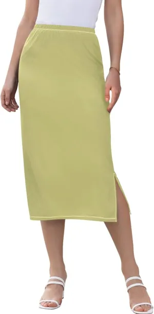 Teal Side Slit Midi Skirt Women Cute Straight Fit Skirts Elastic Waist Summer Skirt