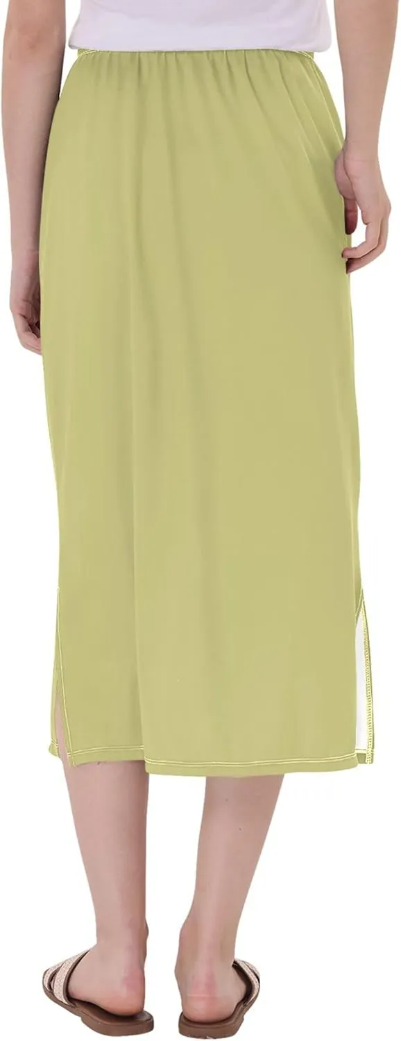 Teal Side Slit Midi Skirt Women Cute Straight Fit Skirts Elastic Waist Summer Skirt