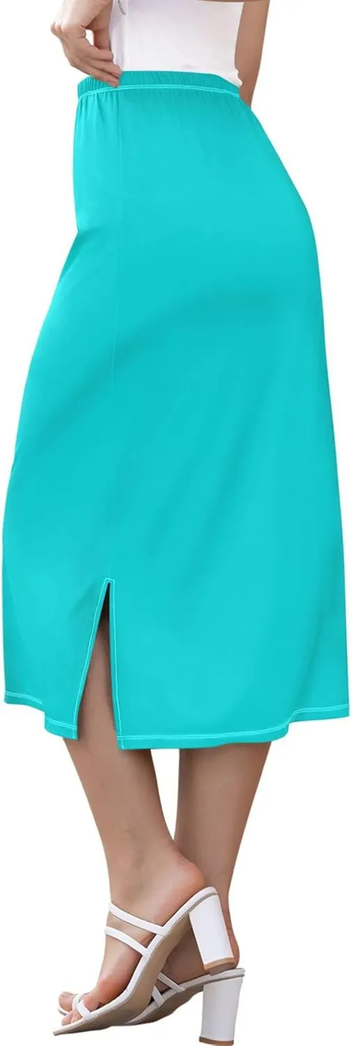 Teal Side Slit Midi Skirt Women Cute Straight Fit Skirts Elastic Waist Summer Skirt