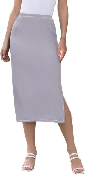 Teal Side Slit Midi Skirt Women Cute Straight Fit Skirts Elastic Waist Summer Skirt