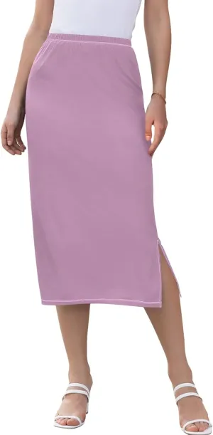 Teal Side Slit Midi Skirt Women Cute Straight Fit Skirts Elastic Waist Summer Skirt