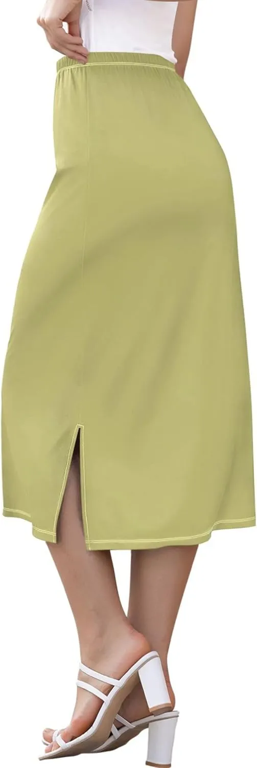 Teal Side Slit Midi Skirt Women Cute Straight Fit Skirts Elastic Waist Summer Skirt