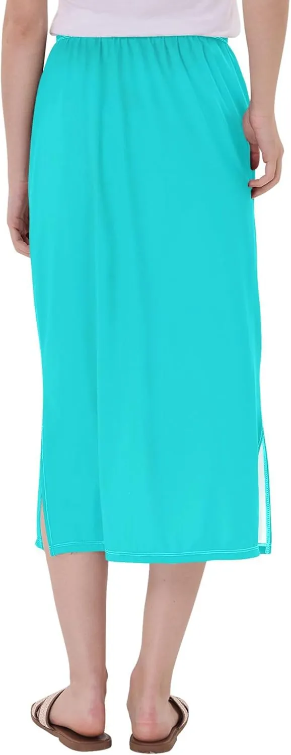 Teal Side Slit Midi Skirt Women Cute Straight Fit Skirts Elastic Waist Summer Skirt