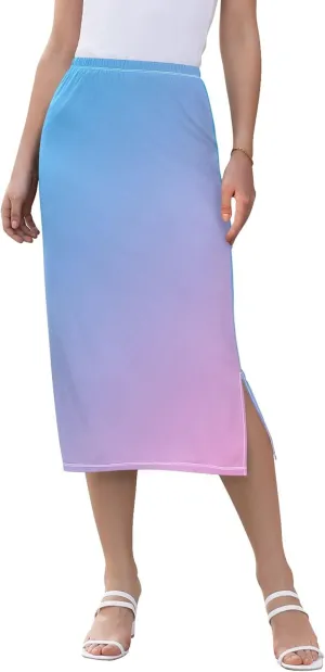 Teal Side Slit Midi Skirt Women Cute Straight Fit Skirts Elastic Waist Summer Skirt