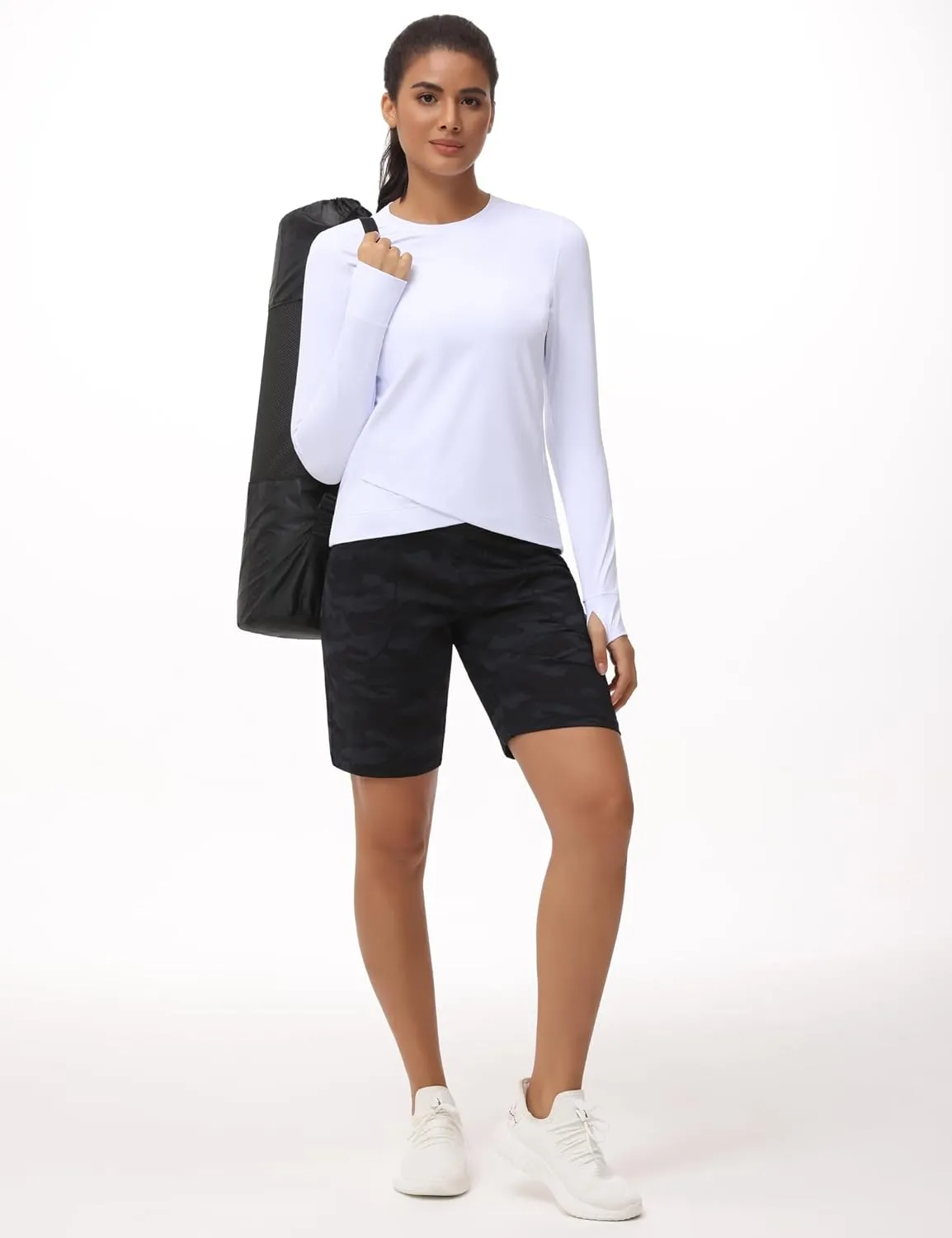 THE GYM PEOPLE Women's High Waisted Bermuda Workout Shorts Long Hiking Running Shorts with Zipper Pockets