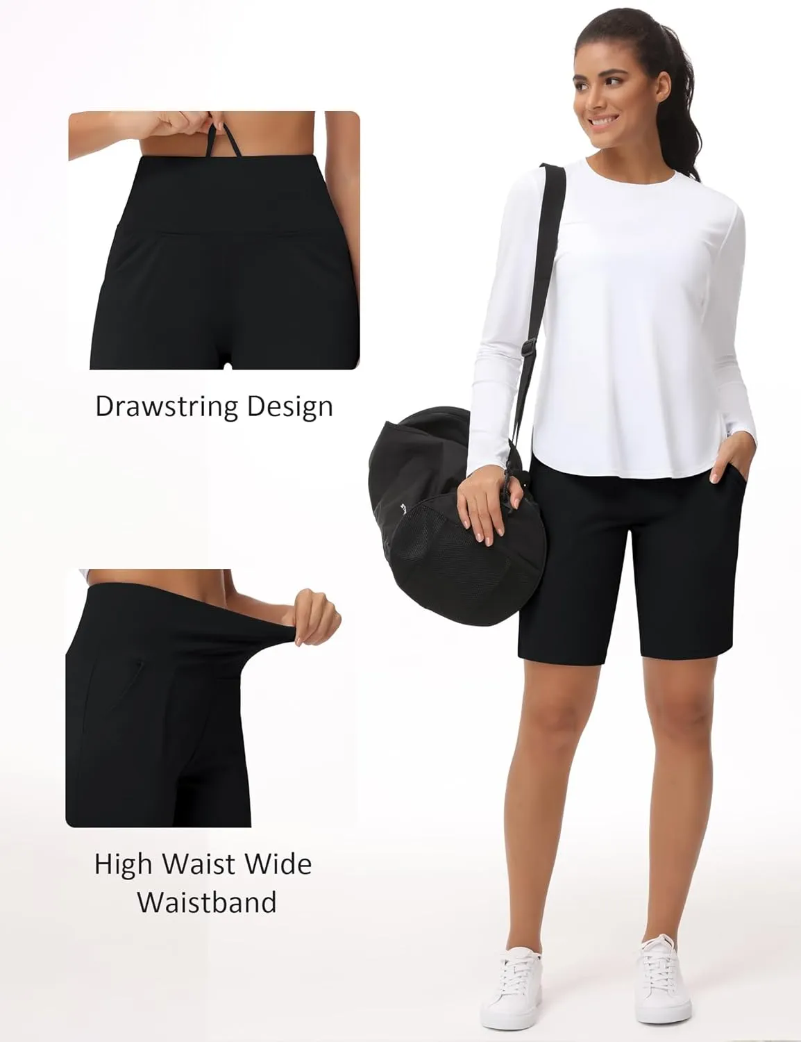 THE GYM PEOPLE Women's High Waisted Bermuda Workout Shorts Long Hiking Running Shorts with Zipper Pockets