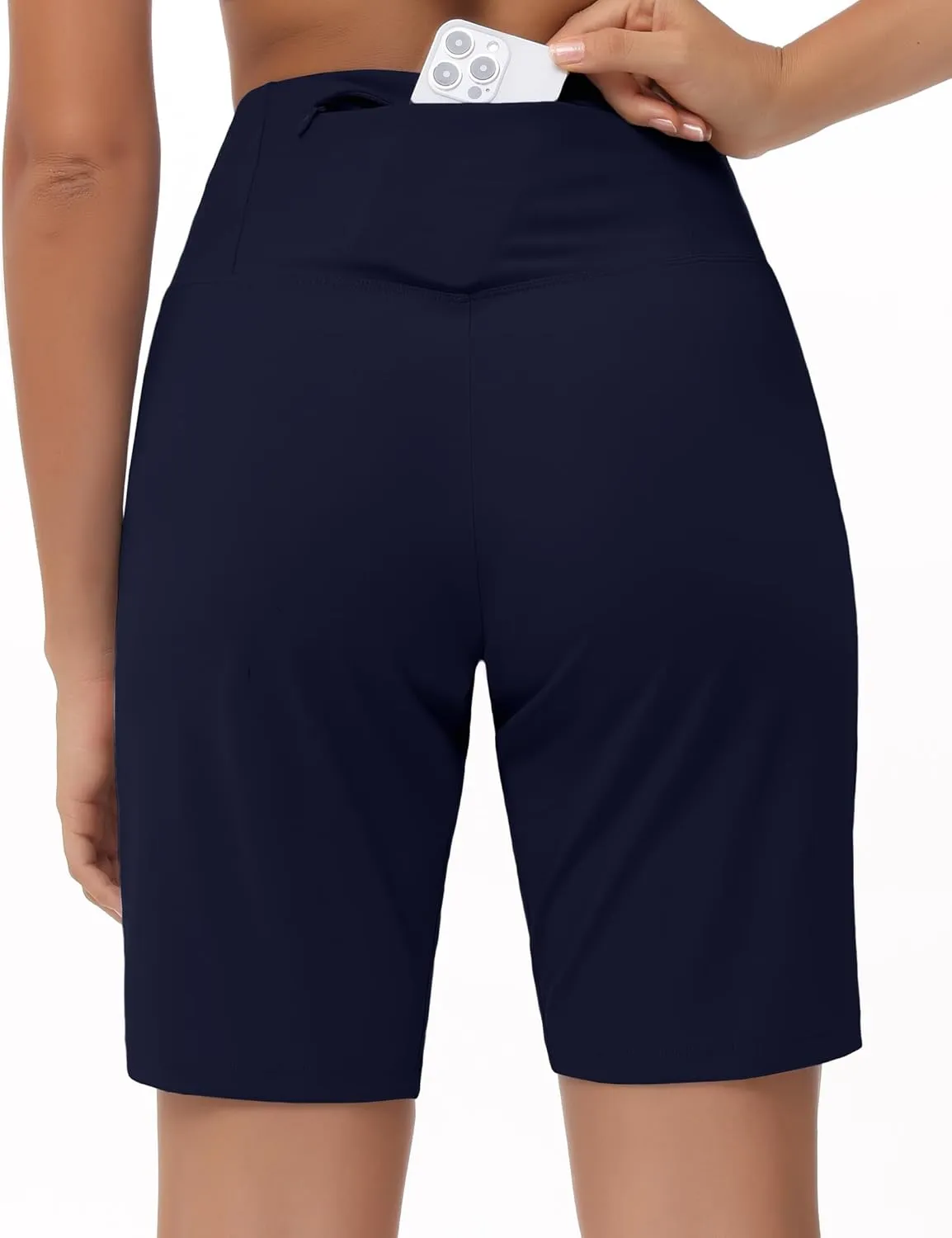 THE GYM PEOPLE Women's High Waisted Bermuda Workout Shorts Long Hiking Running Shorts with Zipper Pockets
