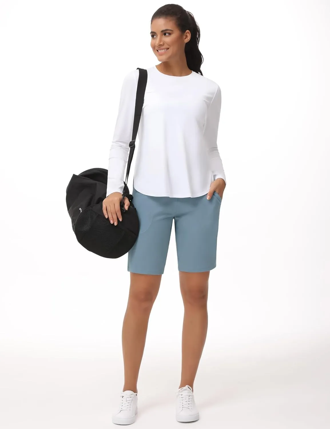 THE GYM PEOPLE Women's High Waisted Bermuda Workout Shorts Long Hiking Running Shorts with Zipper Pockets
