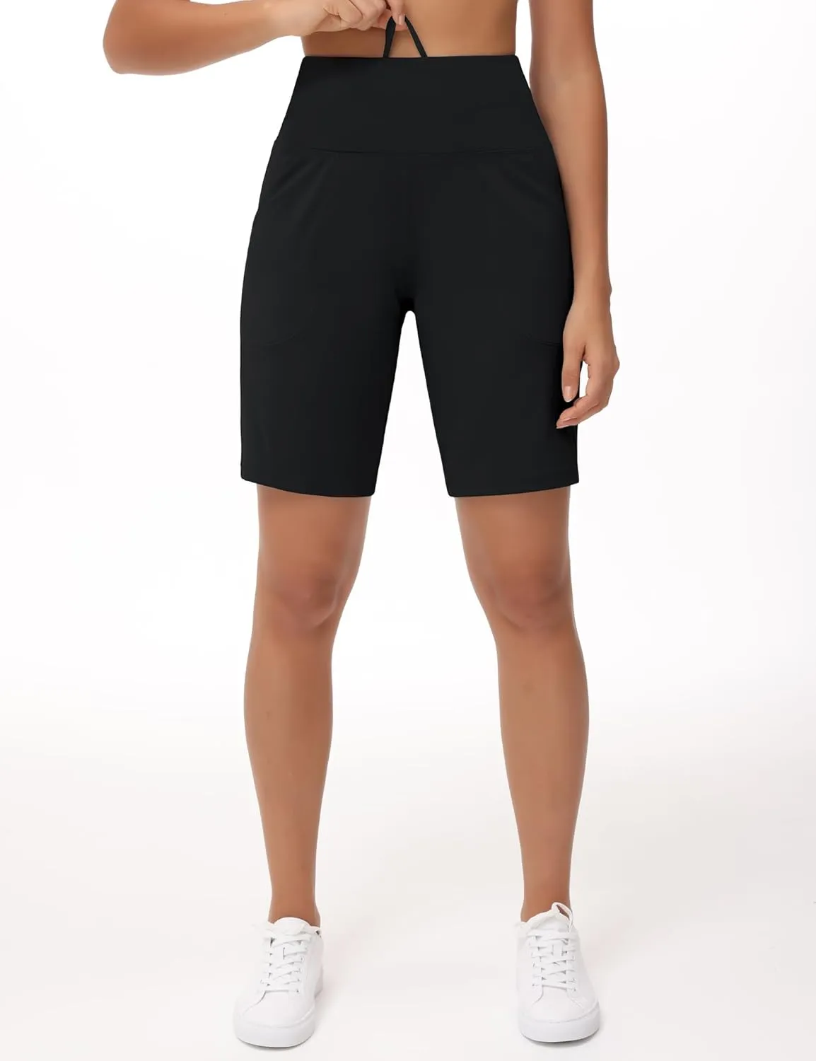 THE GYM PEOPLE Women's High Waisted Bermuda Workout Shorts Long Hiking Running Shorts with Zipper Pockets