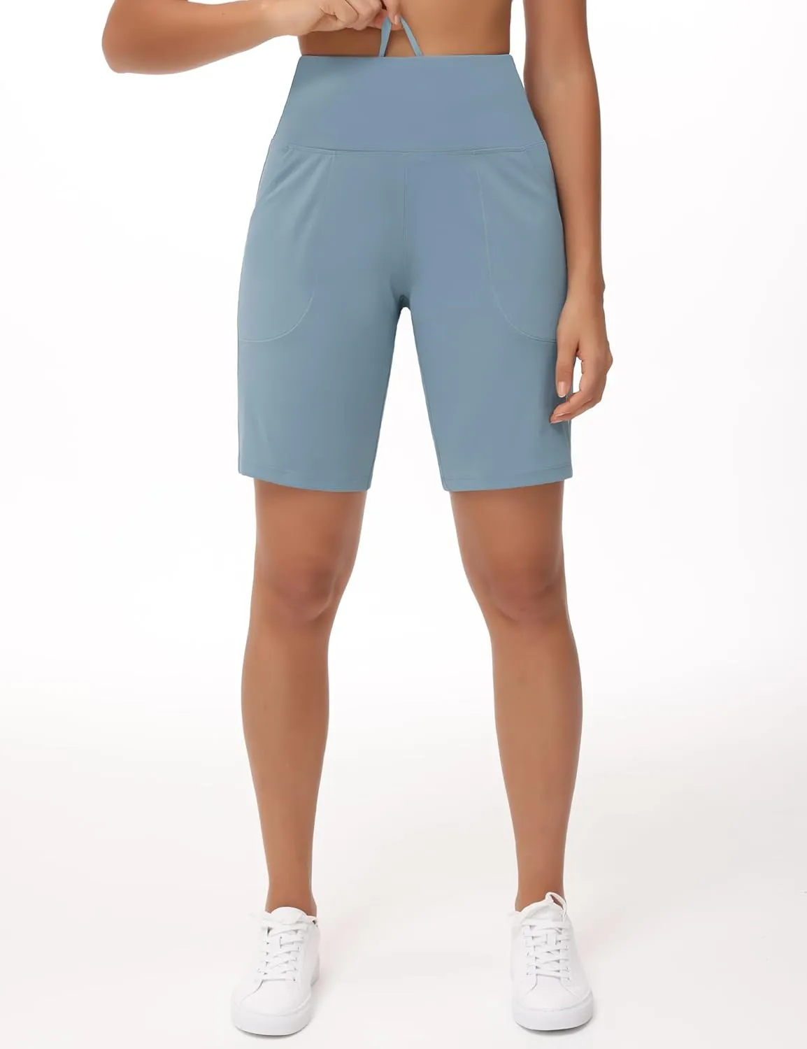 THE GYM PEOPLE Women's High Waisted Bermuda Workout Shorts Long Hiking Running Shorts with Zipper Pockets