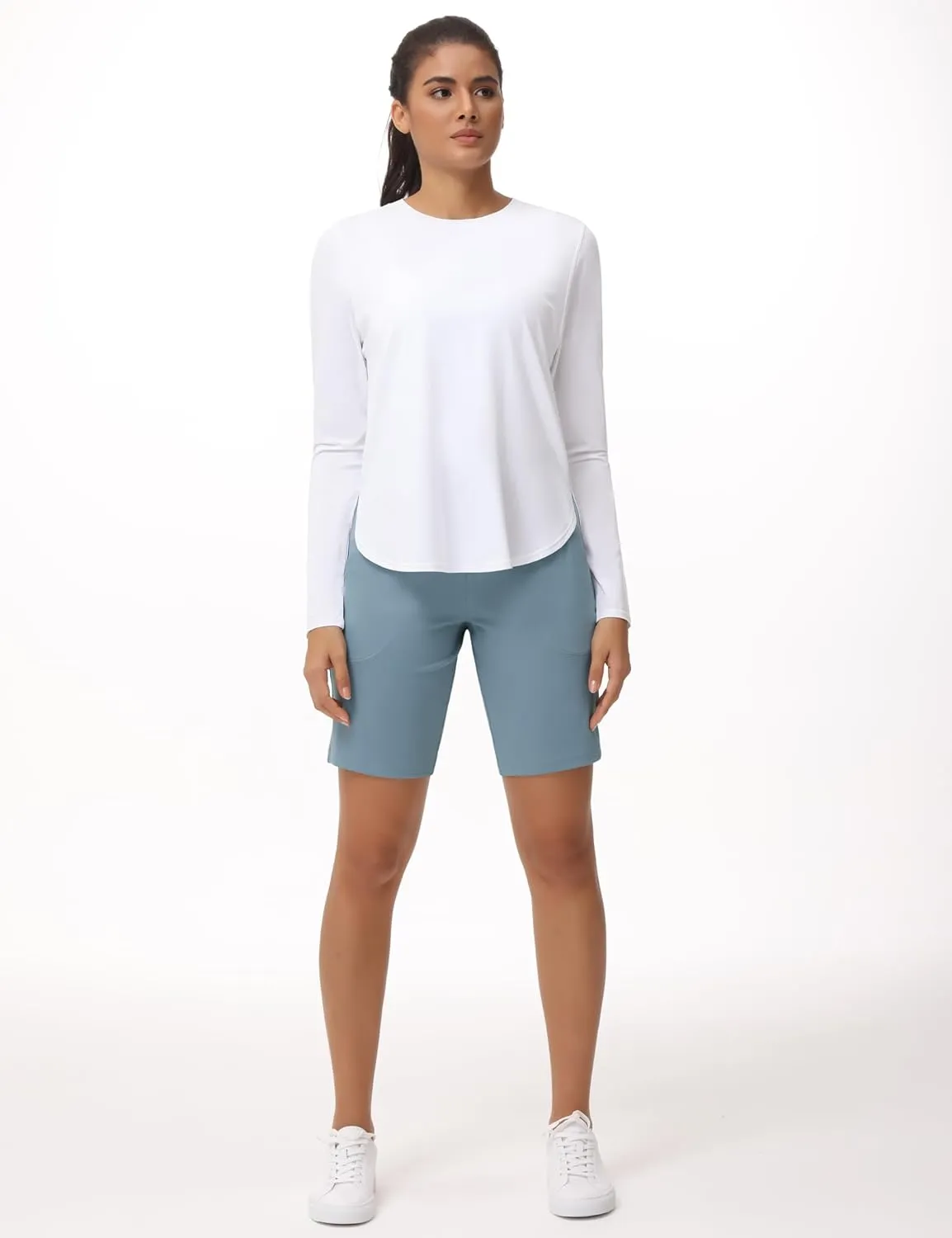THE GYM PEOPLE Women's High Waisted Bermuda Workout Shorts Long Hiking Running Shorts with Zipper Pockets