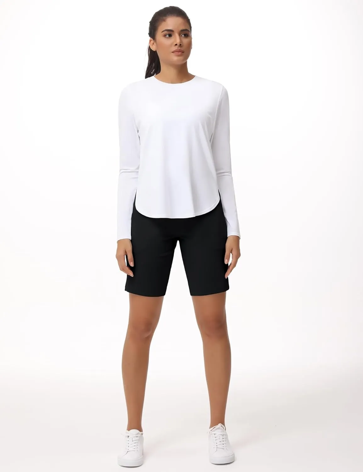 THE GYM PEOPLE Women's High Waisted Bermuda Workout Shorts Long Hiking Running Shorts with Zipper Pockets