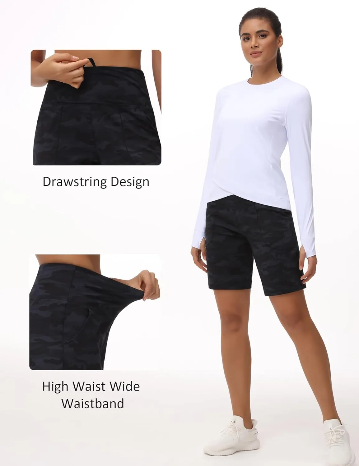 THE GYM PEOPLE Women's High Waisted Bermuda Workout Shorts Long Hiking Running Shorts with Zipper Pockets