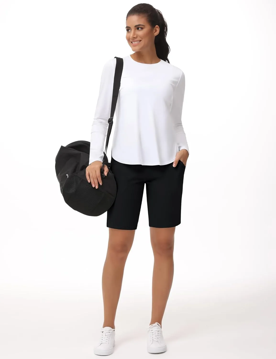 THE GYM PEOPLE Women's High Waisted Bermuda Workout Shorts Long Hiking Running Shorts with Zipper Pockets